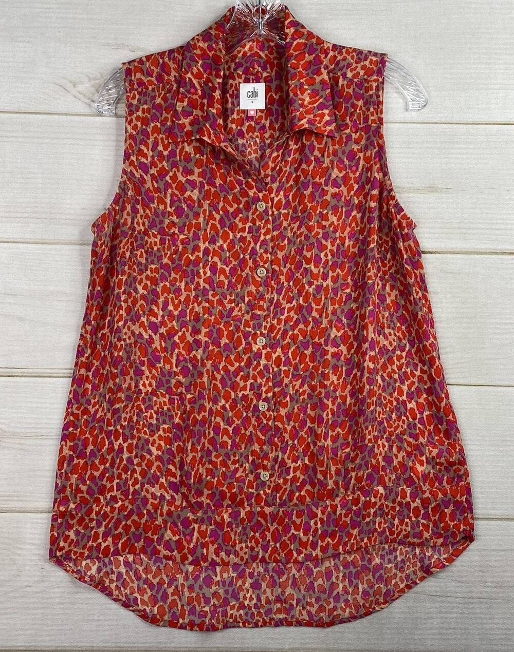 Cabi Top Womens S Animal Print Sheer Sleeveless Blouse Button Up Floral Romantic